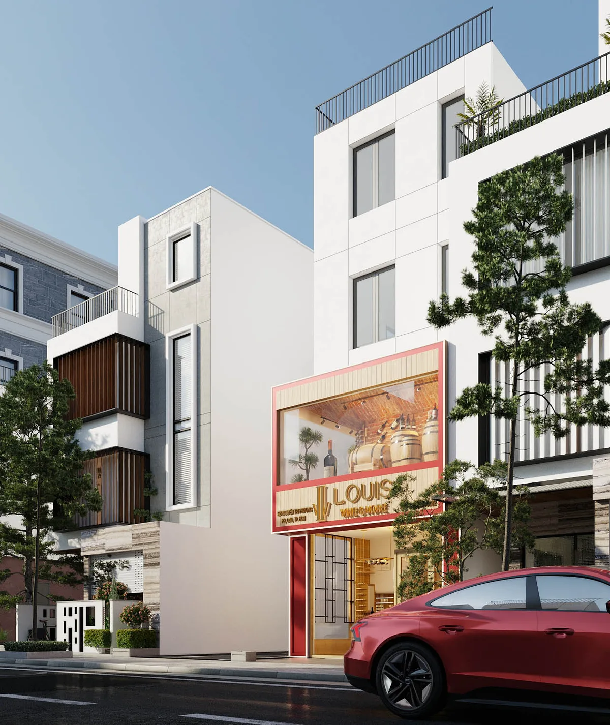 Hộp Kính Đỏ — Mặt đứng cửa hàng rượu vang · Quận 10